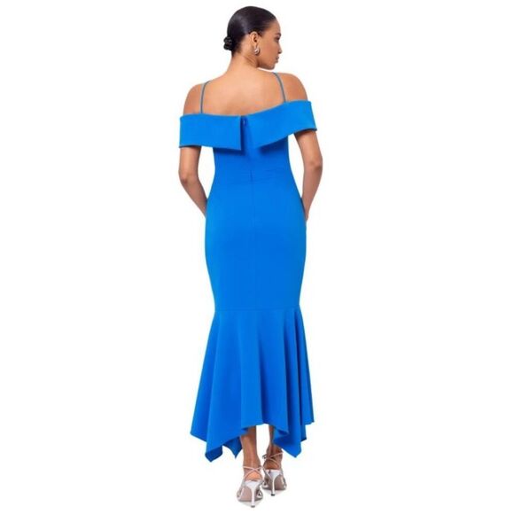 Xscape Evenings 6296X Cold Shoulder Handkerchief Hem Scuba Crepe Gown NWT $249 - Picture 2 of 7